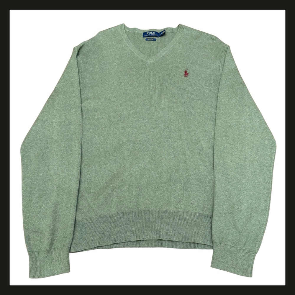Polo Ralph Lauren Pima Cotton V Neck Sweater Men’s Large Green Red Pony Logo EUC